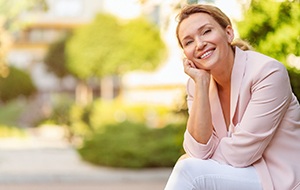 smiling woman dental bridge in Jacksonville 